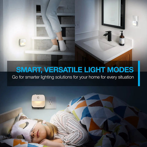 Motion Sensor Night Light Four Pack Plug In Dusk Till Dawn Lights With Auto On Off High And Low Modes in bedroom and bathroom