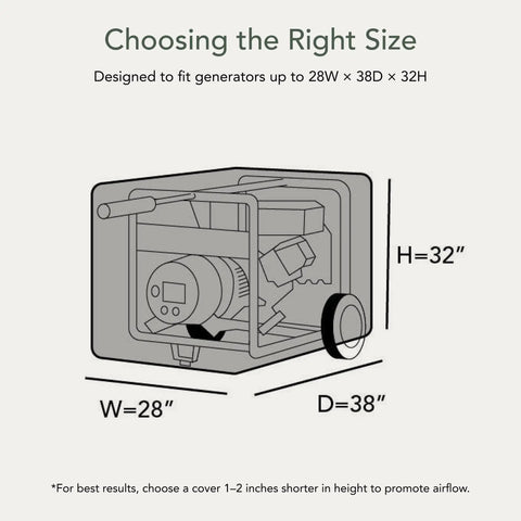 Heavy Duty Professional Generator Cover With Thick Commercial Vinyl Built Like A Tank To Beat Rain Dust And Scorching Sun 28 By 38 By 32 Inches Black All Weather Gear Shield size guide illustration.