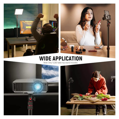Extendable Camera Desk Mount With Ball Head 17 To 40 Inch Telescopic Table Light Stand in use for streaming and photography.