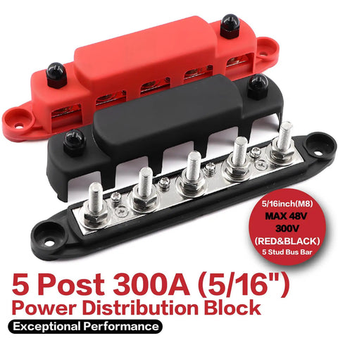 Beast Grade 300A M8 Bus Bar With 12V To 48V Battery Terminal Power Distribution Block kit featuring two colored power blocks.