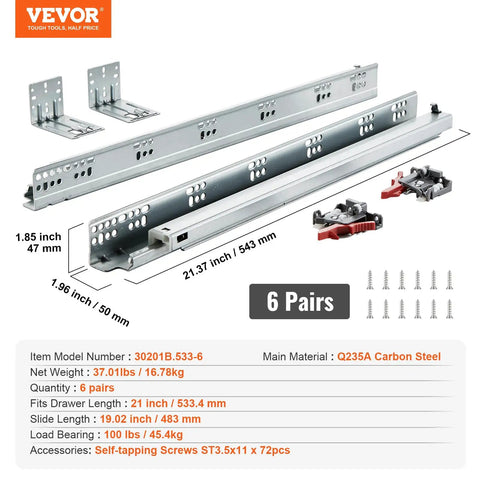 Heavy Duty Bottom Mount Drawer Slides 21 Inch Set Of 6 Pairs With Ball Bearing Full Extension And Soft Close Noiseless Steel Tracks For Cabinets And Kitchen Drawers Locking Design 100 Lb Capacity Built Tough For Everyday Use. 21-inch steel drawer slides, 6 pairs, with mounting brackets and screws