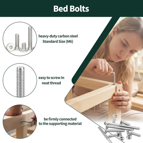All In One 121 Piece Furniture Hardware Kit With M6 Bolts in 20 40 60 and 80 millimeter sizes being used on wooden bed frame