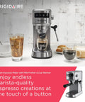 Straight Up Solid Steam Espresso Maker And Coffee Brewer With Handy Milk Frother And Cup Warmer 20 Bar Pressure. Stainless steel brewer with coffee.
