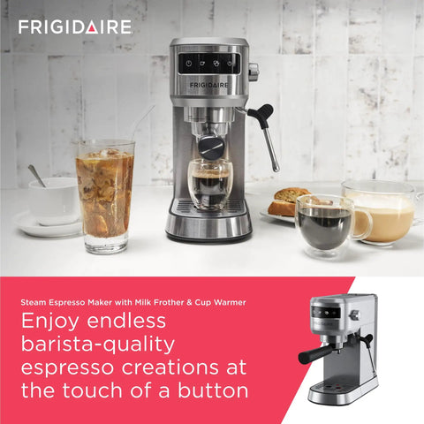 Straight Up Solid Steam Espresso Maker And Coffee Brewer With Handy Milk Frother And Cup Warmer 20 Bar Pressure. Stainless steel brewer with coffee.