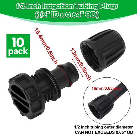 10 Pack One Half Inch Drip Irrigation End Cap Fittings Barbed Lock Nut Plugs for One Half Inch Tubing, black plastic view