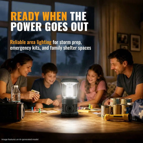 Family playing games by the Beast 1500 Lumen LED Camping Lantern With 4 D Batteries Included Battery Powered Lantern Flashlight.
