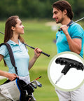 Two golfers with a golf bag on a course, inset showing Adjustable Golf Wrench Tool For Driver Heads, Stainless Steel, Plastic Handle, Black.