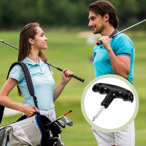Two golfers with a golf bag on a course, inset showing Adjustable Golf Wrench Tool For Driver Heads, Stainless Steel, Plastic Handle, Black.