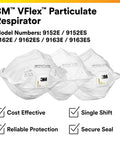 N95 Disposable Respirator With VFlex 9105 Particulate Mask Pack Of 50 Standard Size NIOSH Approved For Dust