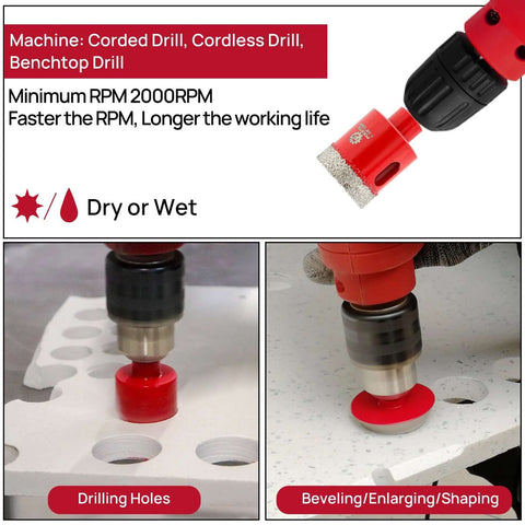 Diamond core drill bit set, 10pcs with triangle shank; sizes 6–50mm plus 35mm beveling bit, red diamond-coated bits.