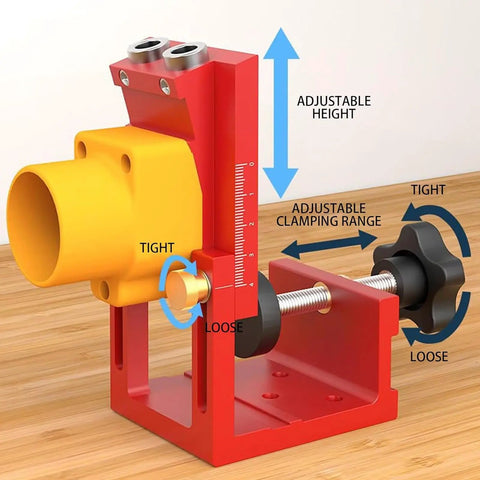 Top Shelf Aluminum Drilling Guide Jig For Cabinet Assembly And Woodworking With Zero Hassle Depth Controls showing adjustable height and clamping range.