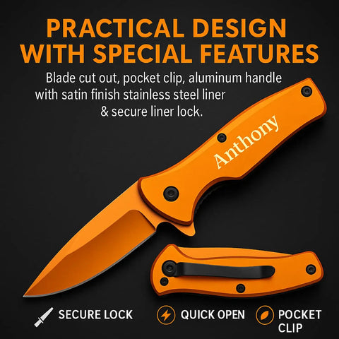 Custom Titanium Coated Stainless Steel Pocket Knife With Free Engraving Orange 2.75 Inch Satin Blade High Quality EDC Utility
