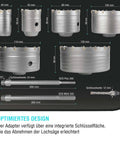 Heavy Duty Concrete Hole Saw Kit With Tungsten Carbide Core Bits And SDS-Plus SDS-Max Shanks for Dry Drilling Through Concrete Brick And Stone, 16-Piece Set Includes Six Hole Saws From 40mm To 130mm, Center Bits, Washers, And Durable Carrying Case display shown