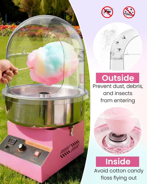 Clear Acrylic Dome Cotton Candy Machine Cover For 15 Inch Bowls Fits 14.96 Inch Commercial Floss Makers Detachable Design Party Ready For Parties Shops And Events showing cotton candy inside