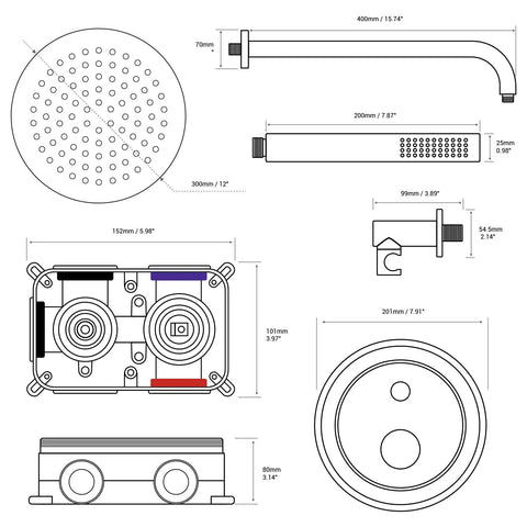 Technical diagram of 12 Inch Shower System With Pressure Balanced Valve, Round Rainfall, Handheld Shower Head, Matte Black parts