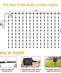 Diagram of Outdoor Solar Curtain Lights 200 LED Warm White, 13ft by 3.9ft with installation steps and measurements