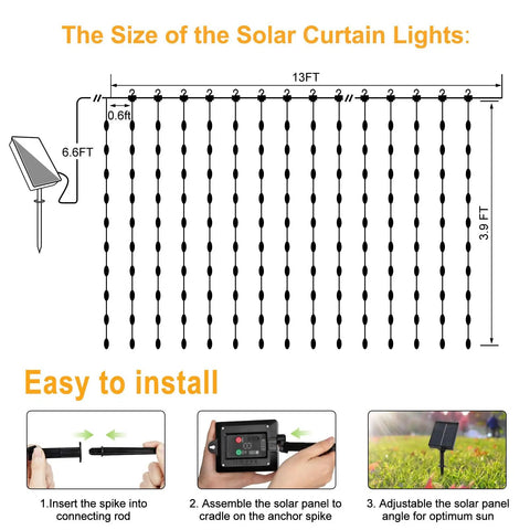 Diagram of Outdoor Solar Curtain Lights 200 LED Warm White, 13ft by 3.9ft with installation steps and measurements