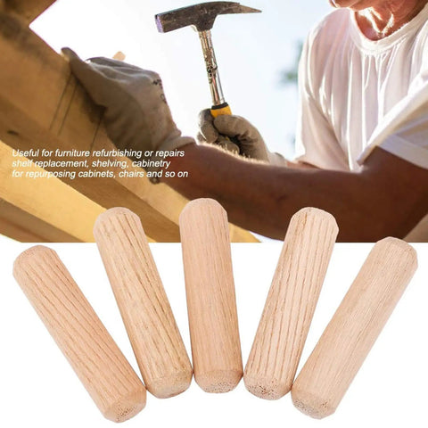 500 Pcs Wooden Dowel Pins Set With Round Fluted Hardwood Dowels for Furniture Repair and Assembly shown with hammer in use