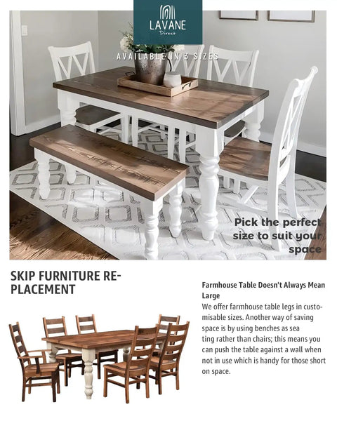 Chunky Farmhouse Wood Table Legs Set Of 4 with dining table, bench seating, and white chairs in dining room.