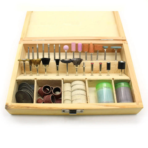 100 Piece Rotary Tool Accessory Set For Dremel And Other Rotary Tools With Diamond Burrs Mounted Stones Brass Nylon And Steel Brushes Includes One Inch And One Quarter Inch Shanks Pro Grade DIY Kit displayed in open wooden box with various tools and attachments.