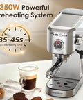Top Tier 20 Bar Espresso Machine With Built In Milk Frother And Sleek Stainless Steel Build, showcasing powerful 1350W preheating.