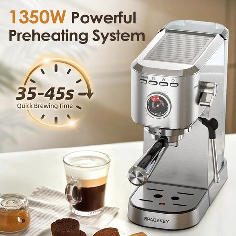 Top Tier 20 Bar Espresso Machine With Built In Milk Frother And Sleek Stainless Steel Build, showcasing powerful 1350W preheating.