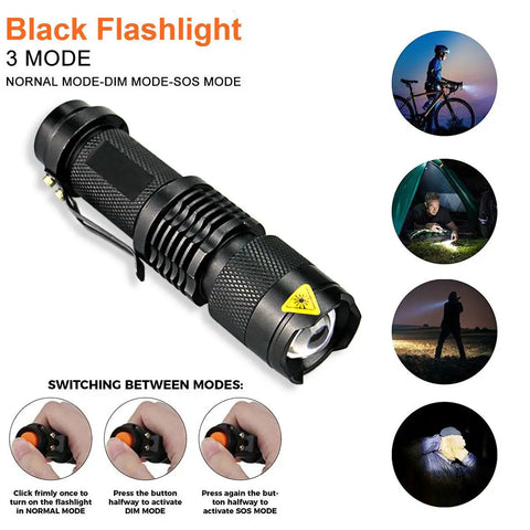 Black flashlight with 3 modes part of Survival Kit With 6 In 1 Waterproof Case For Camping Hiking Travel And Adventures Portable.