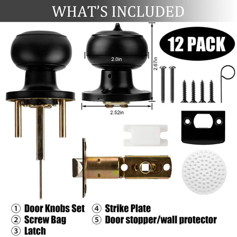 12 Pack Matte Black Privacy Door Knobs With Hardware For Bedroom And Bath, Keyless Lockset, Easy Install, includes latch and screws.