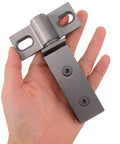 Heavy Duty Stainless Steel Shower Door Hinges With Long Bar Pivot, Double Hole Square Design For Smooth, Stable Operation And Easy Install, Built To Last For Home Renovations And New Bathroom Upgrades, gray stainless hinge held in hand
