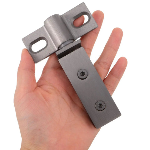 Heavy Duty Stainless Steel Shower Door Hinges With Long Bar Pivot, Double Hole Square Design For Smooth, Stable Operation And Easy Install, Built To Last For Home Renovations And New Bathroom Upgrades, gray stainless hinge held in hand