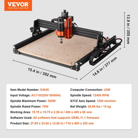 Beefy 300W 3 Axis CNC Router Engraving Machine Kit with GRBL Control, showing 400x400 mm working area, for wood and plastic use
