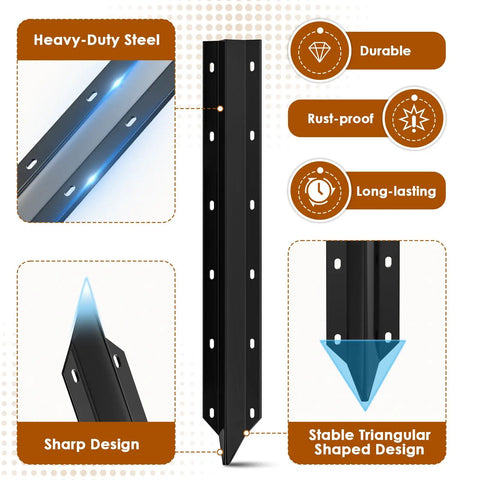 Diagram showing features of 10 Pack Fence Post Repair Stakes, 14 Gauge Heavy Duty Steel Fence Post Support Kit With Easy Installation, No Digging Or Concrete Needed, Overlap Fit For Any Fence Style, Durable Yard Fence Repair Solution.