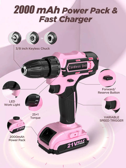 Pink Cordless Drill Kit With 220 Pieces 21V Power Drill And Tool Set For Women shown with features labeled.