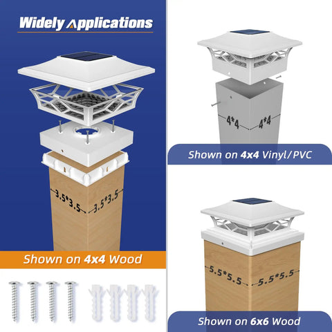 Solar Post Cap Lights 12 Pack For 4x4 And 6x6 Posts Dual Mode Brightness Auto On Off Waterproof Outdoor Fence Deck Patio Decor Fits Wood Or Vinyl 4x4 Post Caps Easy Mounts For Fences And Decks shown on wood and vinyl posts with screws