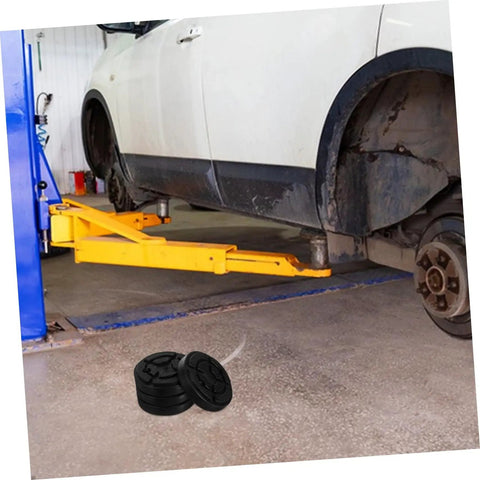 Car lifted with 4 Pack Jack Stand Pads Rubber Lifting Blocks For Vehicle Undercarriage Protection Universal Fit For Two Post Hoists