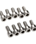 10 Pack M5 Bike Water Bottle Cage Bolts Screws Set Hex Head Stainless Steel Inner Rack Mount Hardware For Tight No Fuss Bottle Cage Attachment On Road MTB Or Gravel Bikes, showing 10 silver hex screws arranged on a white background.