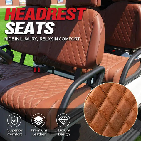 Six Seater Electric Golf Cart With 60V 105Ah Battery And Advanced Suspension Front and Rear Storage featuring leather headrest seats.