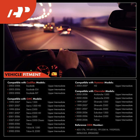 A-Premium upper intermediate steering shaft fitment chart for Cadillac, Chevy, GMC and Hummer models (1999–2007).
