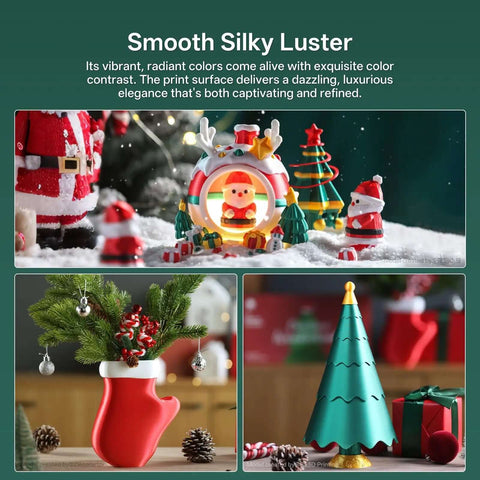 Christmas-themed models created with Silk PLA 4KG Bundle for 3D Printing in vibrant green, red, and gold colors.
