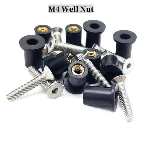 63 Piece M4 M5 M6 Rubber Well Nuts Kit With Premium Brass Insert Bushings And Weather Resistant Stainless Steel Screws close-up of M4 well nuts and screws.