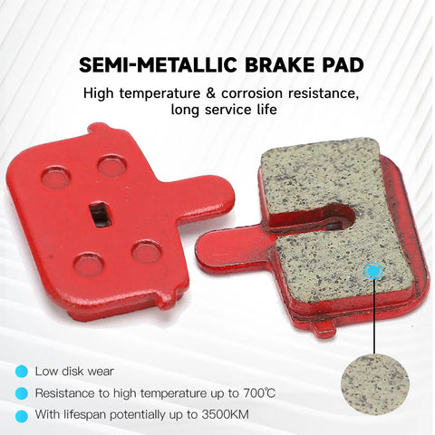 Semi-metallic brake pads showcasing two red pads with text highlighting durability and high temperature resistance.