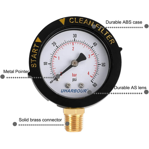 UHARBOUR pool filter pressure gauge with brass bottom connector, 60 psi scale, ABS case, dual psi/bar dial