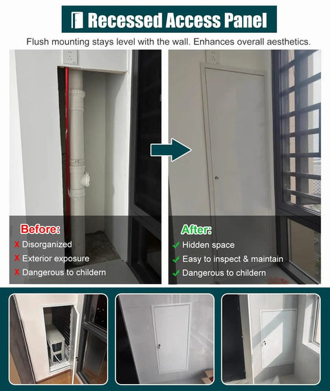 Heavy Duty Steel Drywall Access Door And Lockable Maintenance Hatch For Attic Kitchen Or Bathroom Wall Featuring Secure Key Combo And Hassle Free Install Setup 28 By 54 Inches before and after installation images.