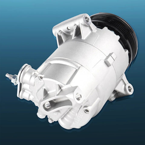 Premium AC Compressor With Clutch For Chevrolet Malibu And HHR 2 4L Auto Air Conditioning Replacement Quick Swap close-up view on blue background.