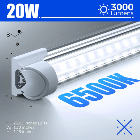 2Ft LED Shop Light 20W 3000LM 6500K T8 Fixture With Clear Cover Linkable Ceiling Tube