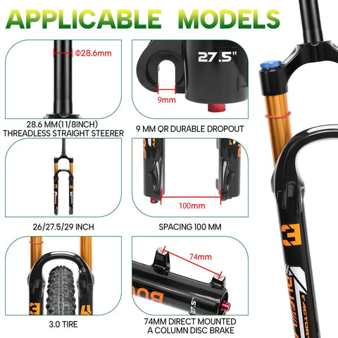 Front MTB Fork With 140mm Travel, 34mm Stanchions, Rebound Adjust And Lockout compatibility chart.