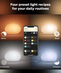 Flourish Smart Table Lamp White With Color Ambiance LED Color Changing Bulb Diffused Light To Set The Vibe For Living Room Or Desk Control With Hue App Compatible With Alexa Google Assistant And Apple HomeKit 1 Pack displaying four preset light recipes in app interface