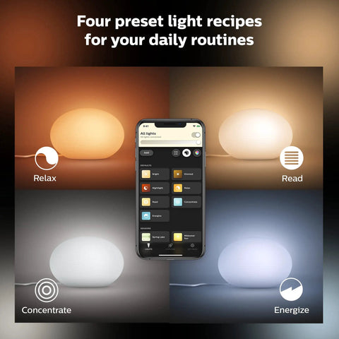 Flourish Smart Table Lamp White With Color Ambiance LED Color Changing Bulb Diffused Light To Set The Vibe For Living Room Or Desk Control With Hue App Compatible With Alexa Google Assistant And Apple HomeKit 1 Pack displaying four preset light recipes in app interface