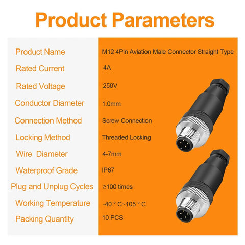 Product parameters for 10 Pack M12 4 Pin Aviation Connector A Code Male IP67 Waterproof Plug And Play Field Ready Screw In Plug