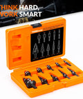 Pro Grade Step Drill Bit Set With Four Spiral Flutes And Countersink Bits In A Sturdy Tool Box For Metal Aluminum Wood And Plastic Featuring Nitrided HSS Bits By Thinkwork in orange case